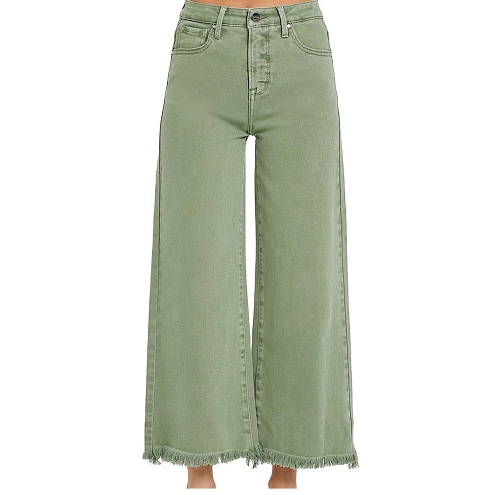 Risen Jeans Womens Sage Green High Rise Wide Leg Raw Hem Denim Pants Size 7/28